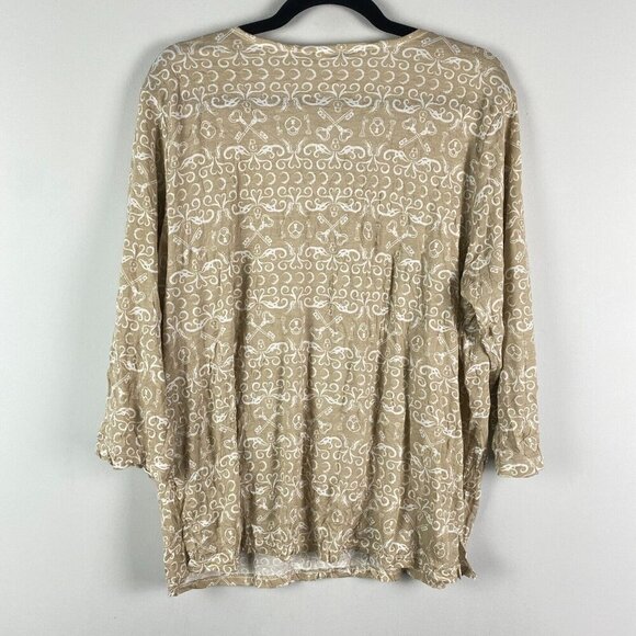 Lulu B Top Size XL Tan Key Printed 3/4 Sleeves Scoop Neck - Picture 6 of 10